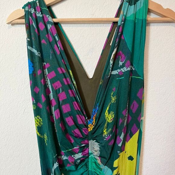 Etro Milano Turquoise Green Abstract Floral Ruched Maxi Dress Women's 46 US 10 - Picture 2 of 7